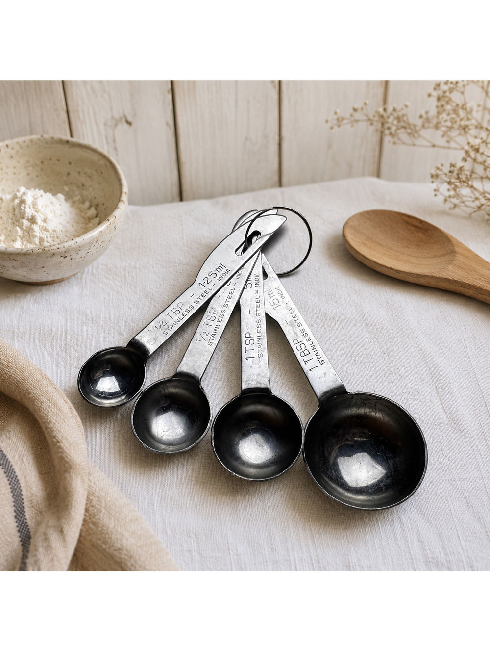 Vintage Stainless Measuring Spoons Set 4 Ringed Kitchen Baking Tool Made India - Picture 1 of 5